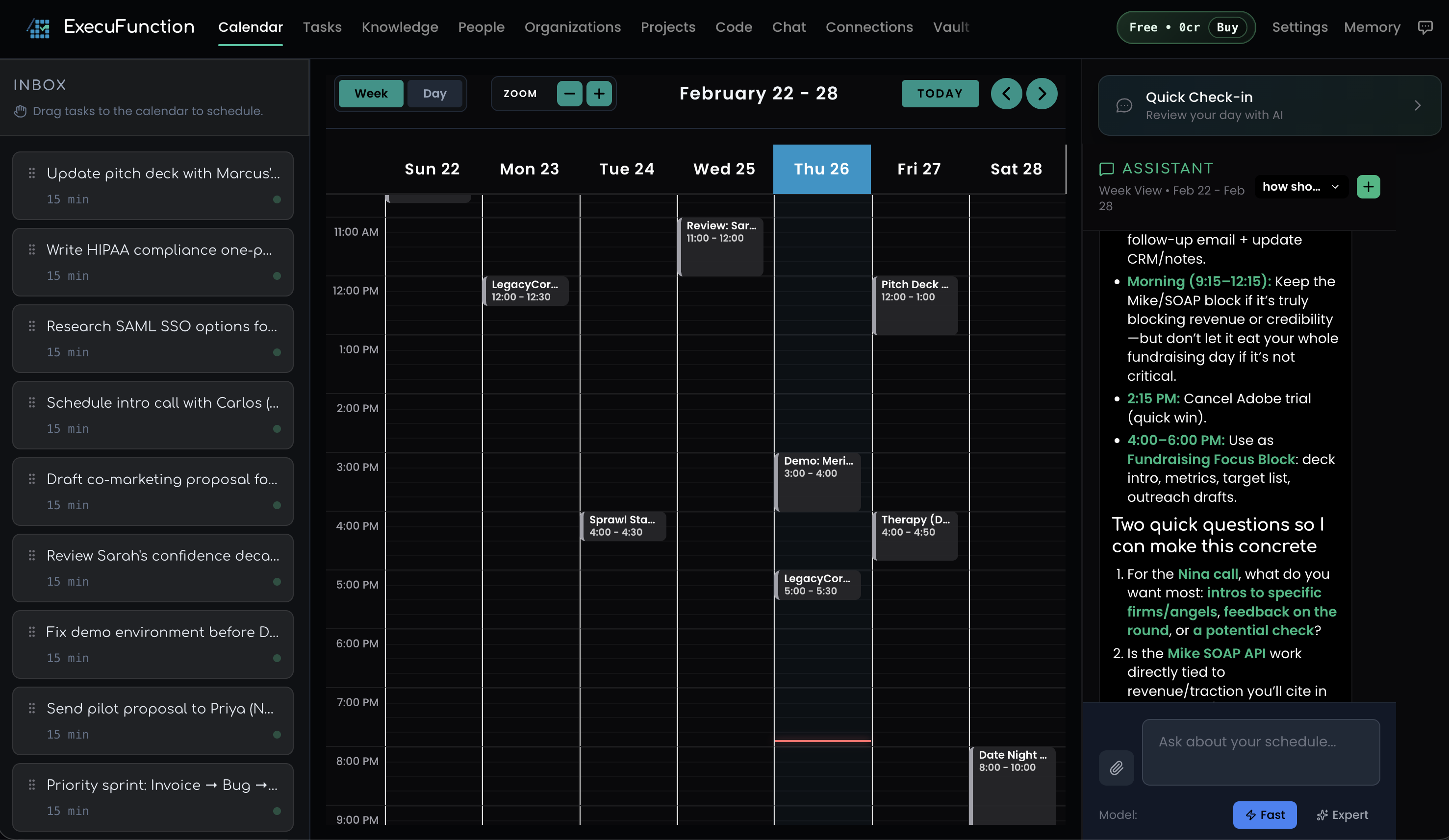 Calendar week view with task inbox and AI assistant panel