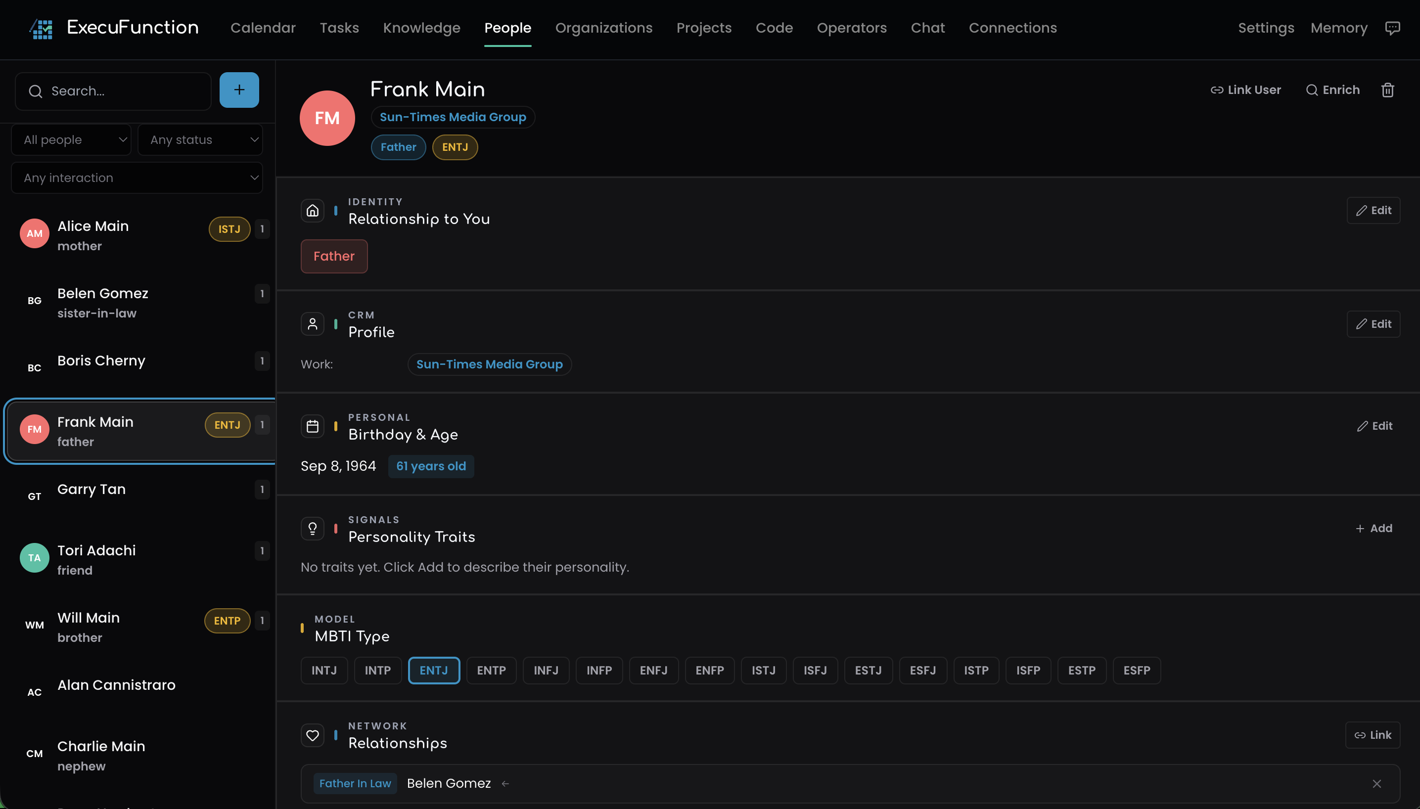 Personal CRM showing contacts and relationship details