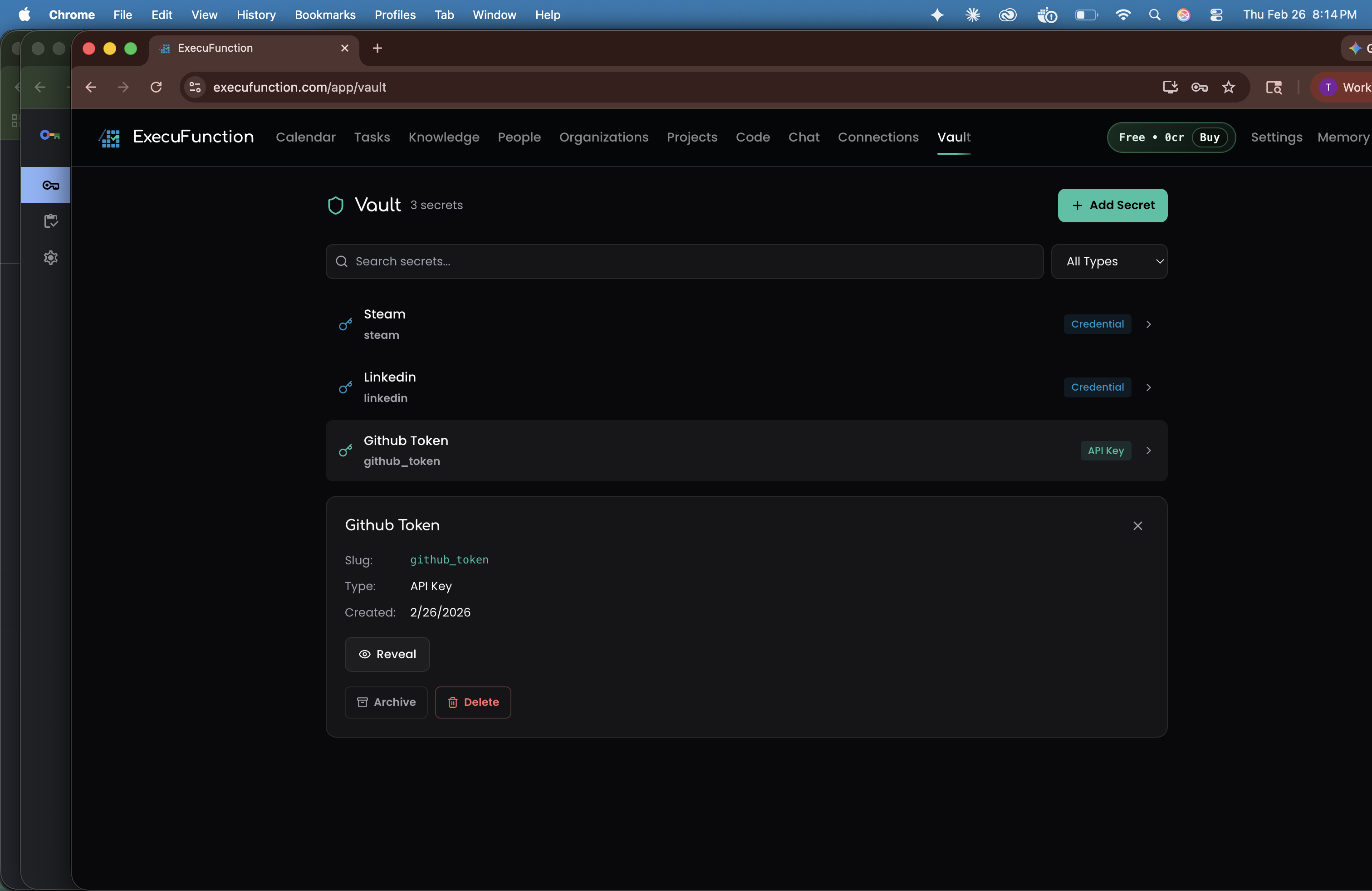 Encrypted vault for API keys, credentials, and secrets